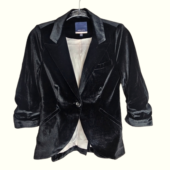 MODCLOTH Fine And Sandy Black Velvet Rouched 3/4 Sleeve Blazer Jacket Size XS - Picture 2 of 15